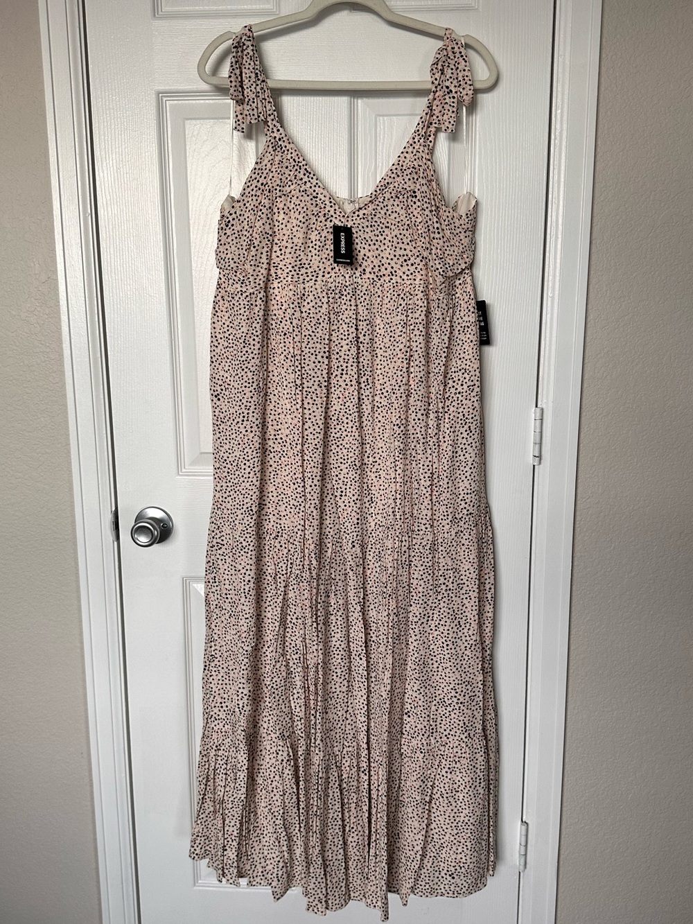 Express Blush Pink Polka Dot Tie-Shoulder Maxi Dress
